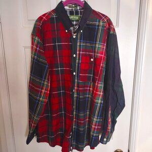 Orvis Mens Size Large Red/Green/Black Plaid 100% Cotton Button Front Shirt